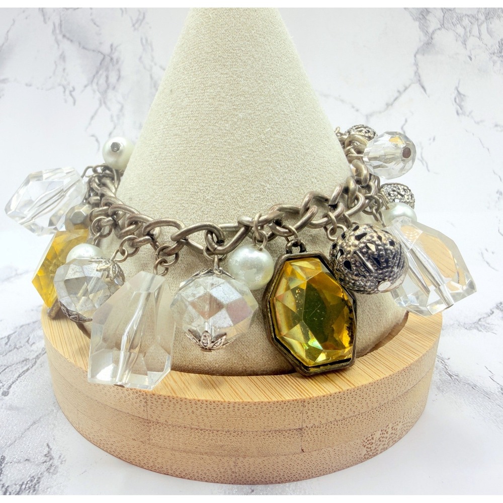 Silver Tone Glass Bead Charm Bracelet Yellow Clear Statement Adjustable 7.5–8.5"